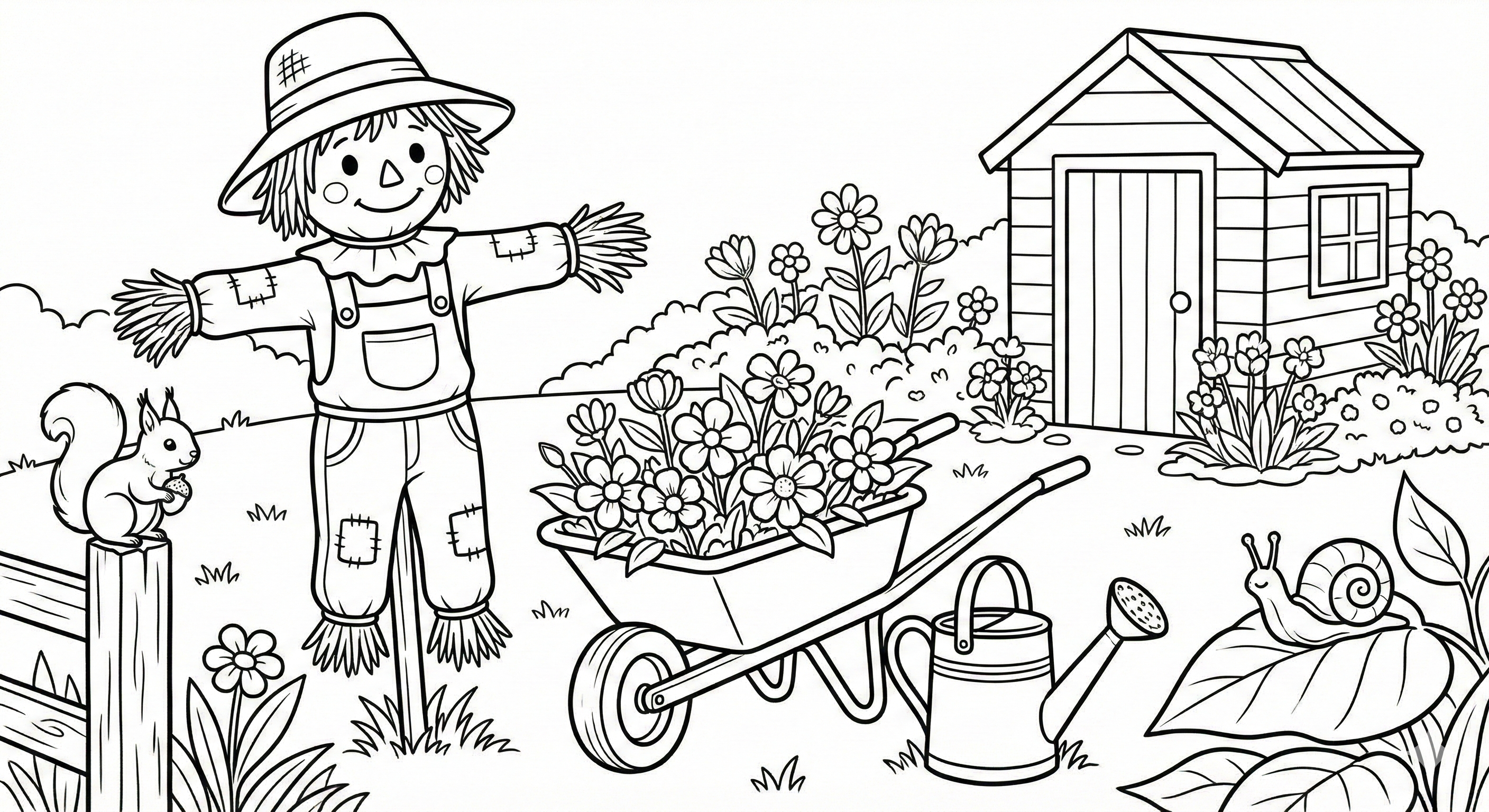 Spring Garden Scarecrow Coloring Page for Kids