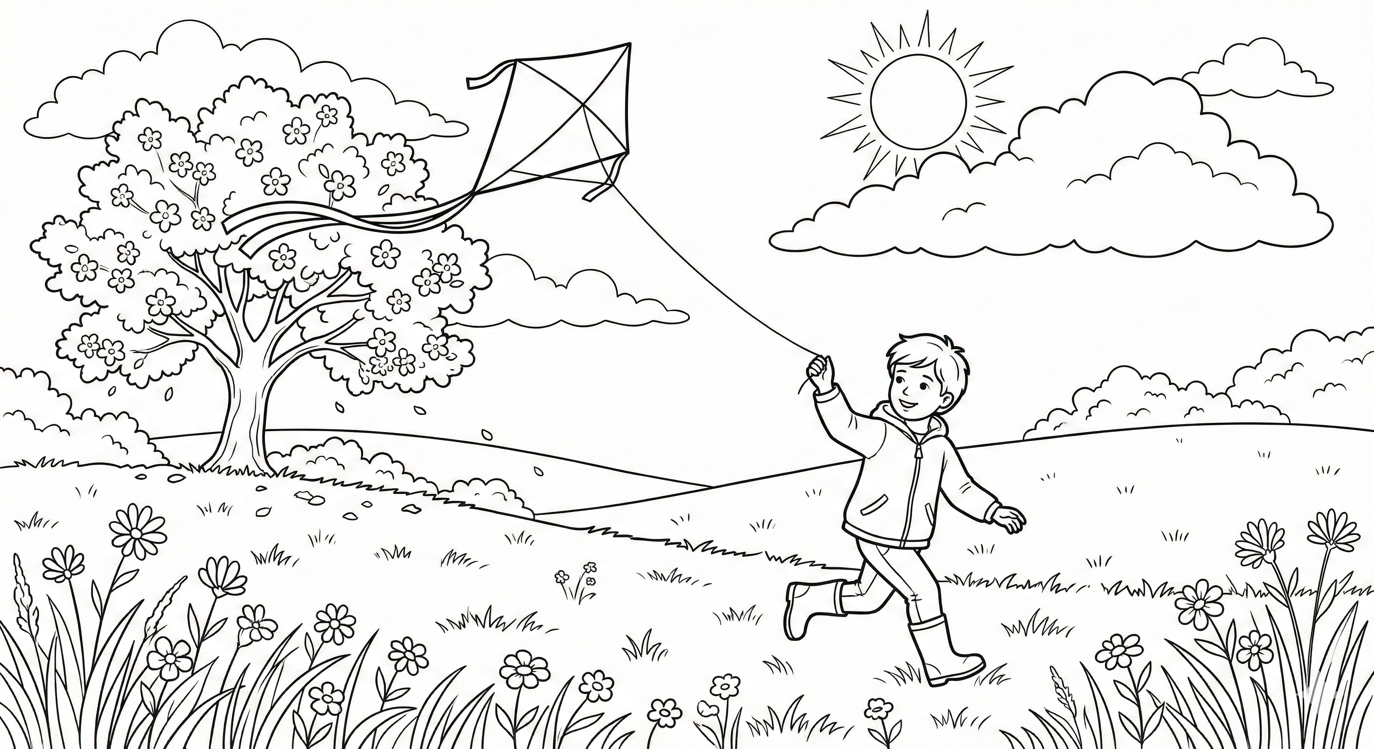 Spring Child Flying a Kite Coloring Page - Printable Activity