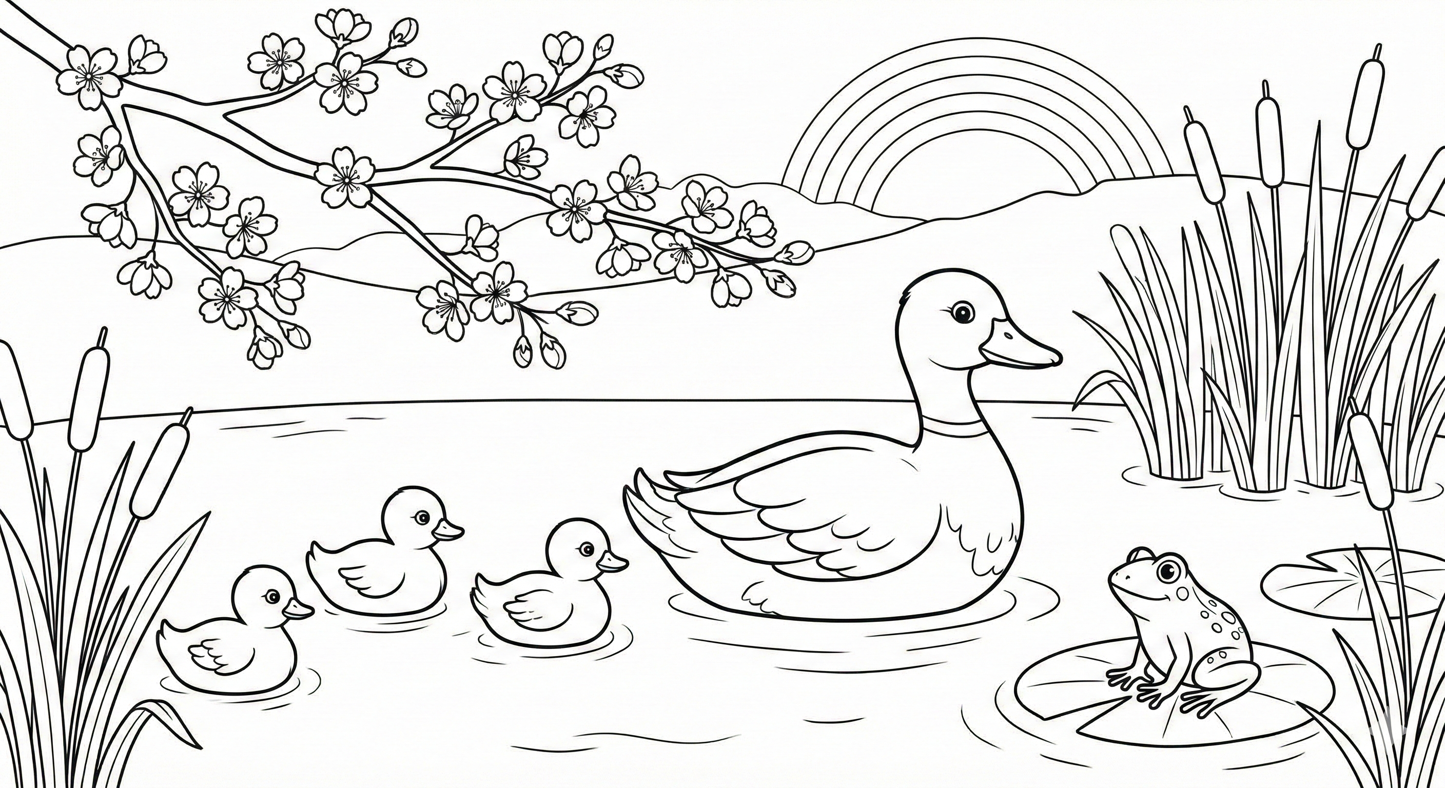 Spring Ducks & Frog Pond Coloring Page