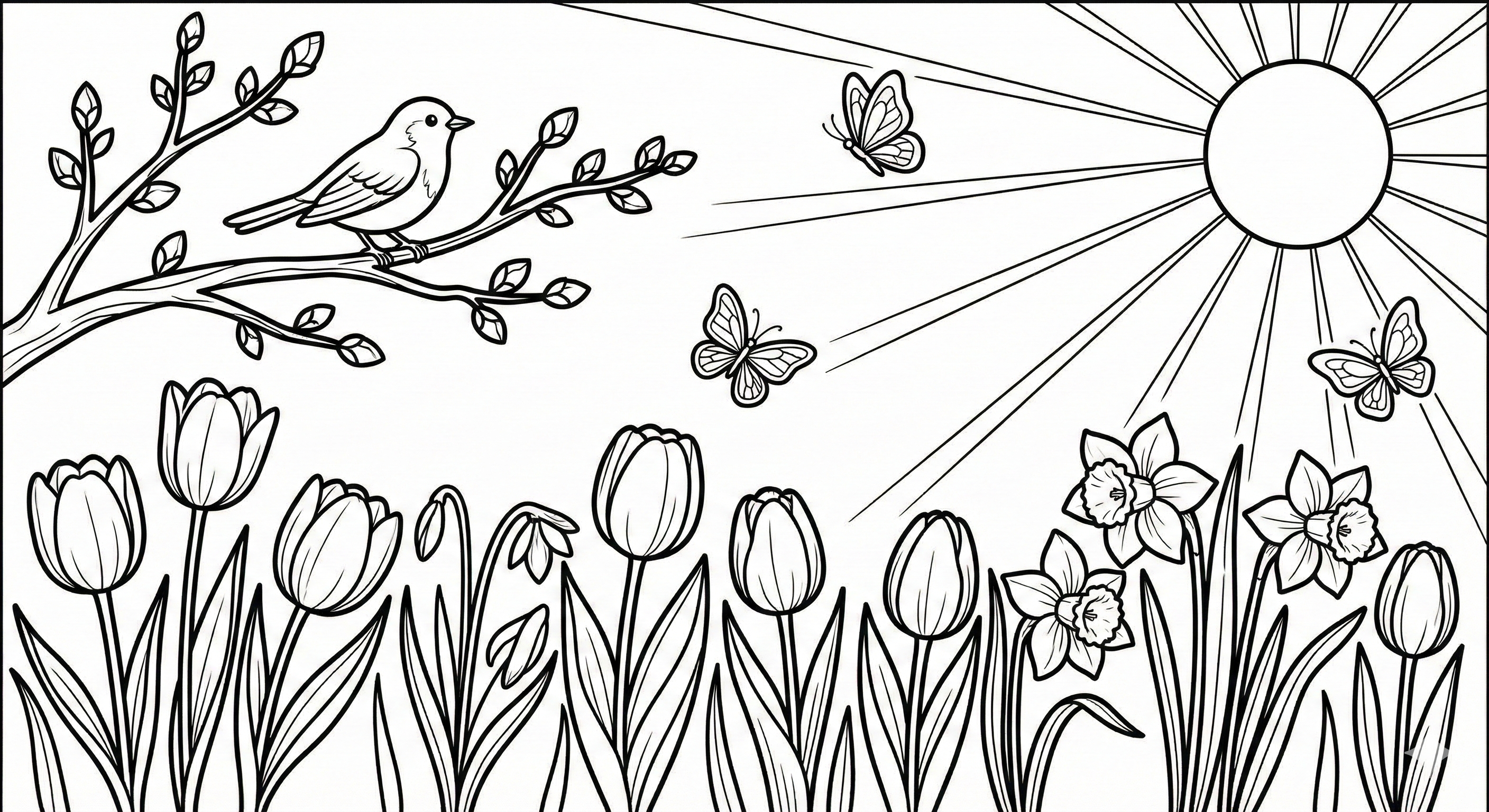 Spring Garden and Bird Coloring Page - Printable Activity
