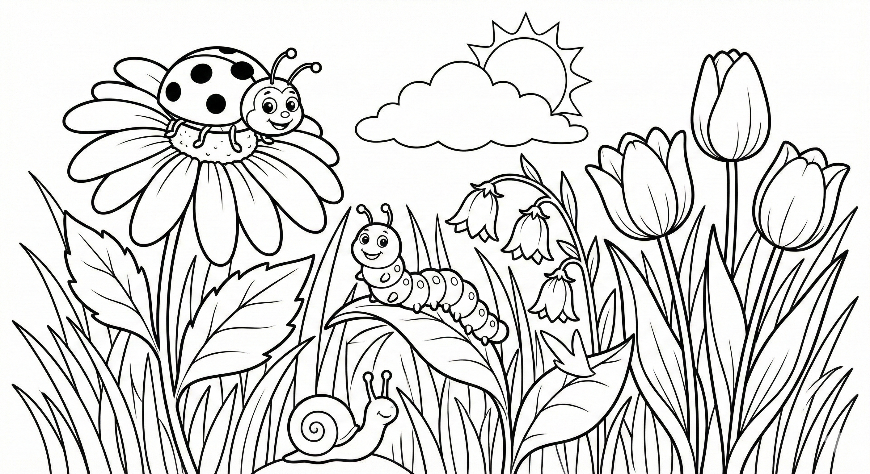 Spring Garden Bugs & Flowers Coloring Page For Kids