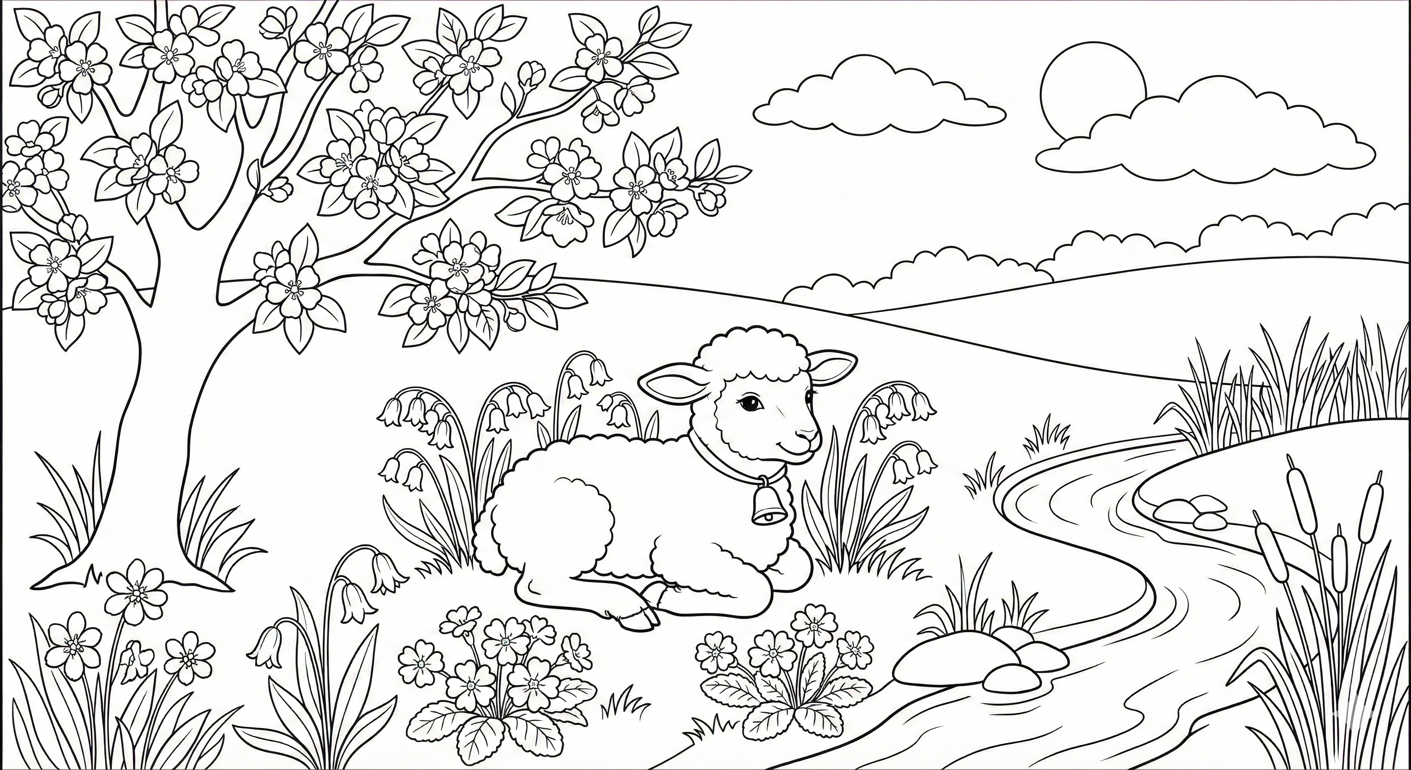 Spring Lamb and Meadow Coloring Page - Printable Activity