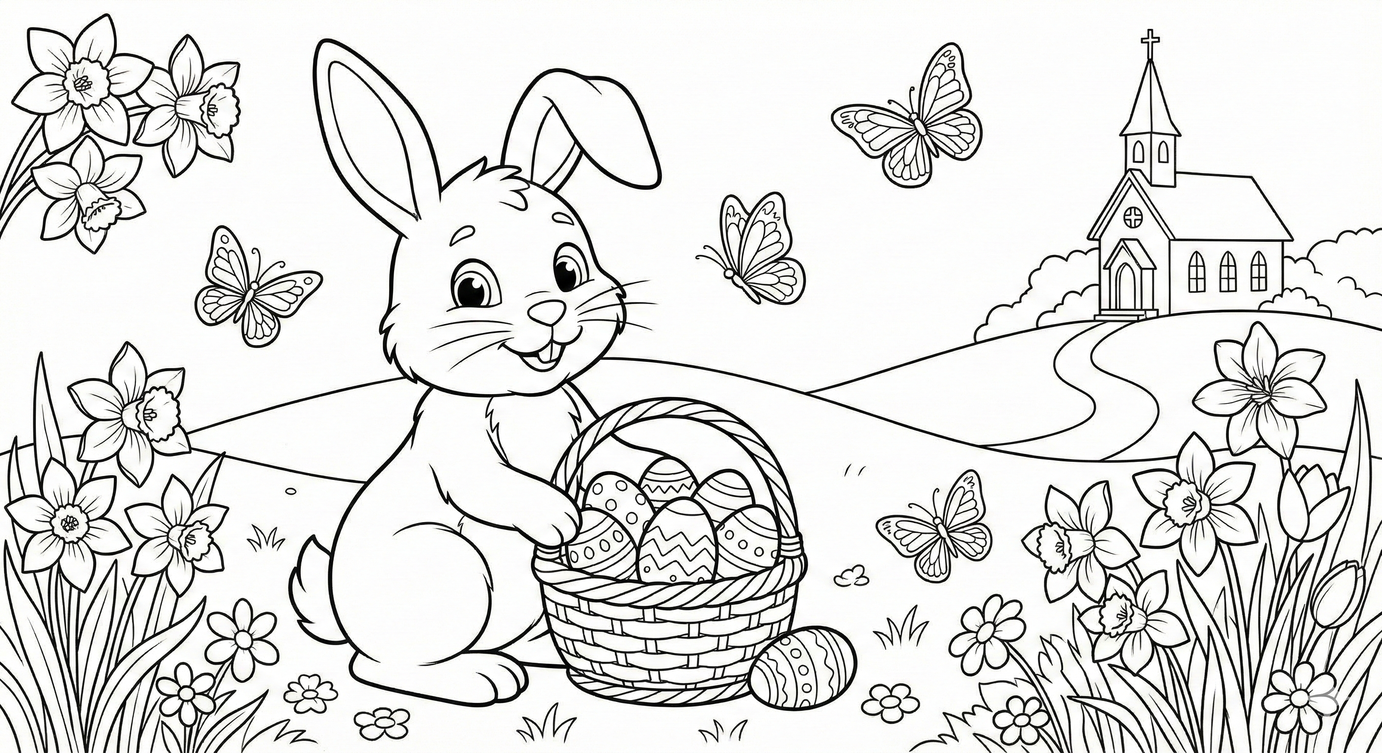 Printable Easter Bunny Coloring Page with Eggs & Flowers