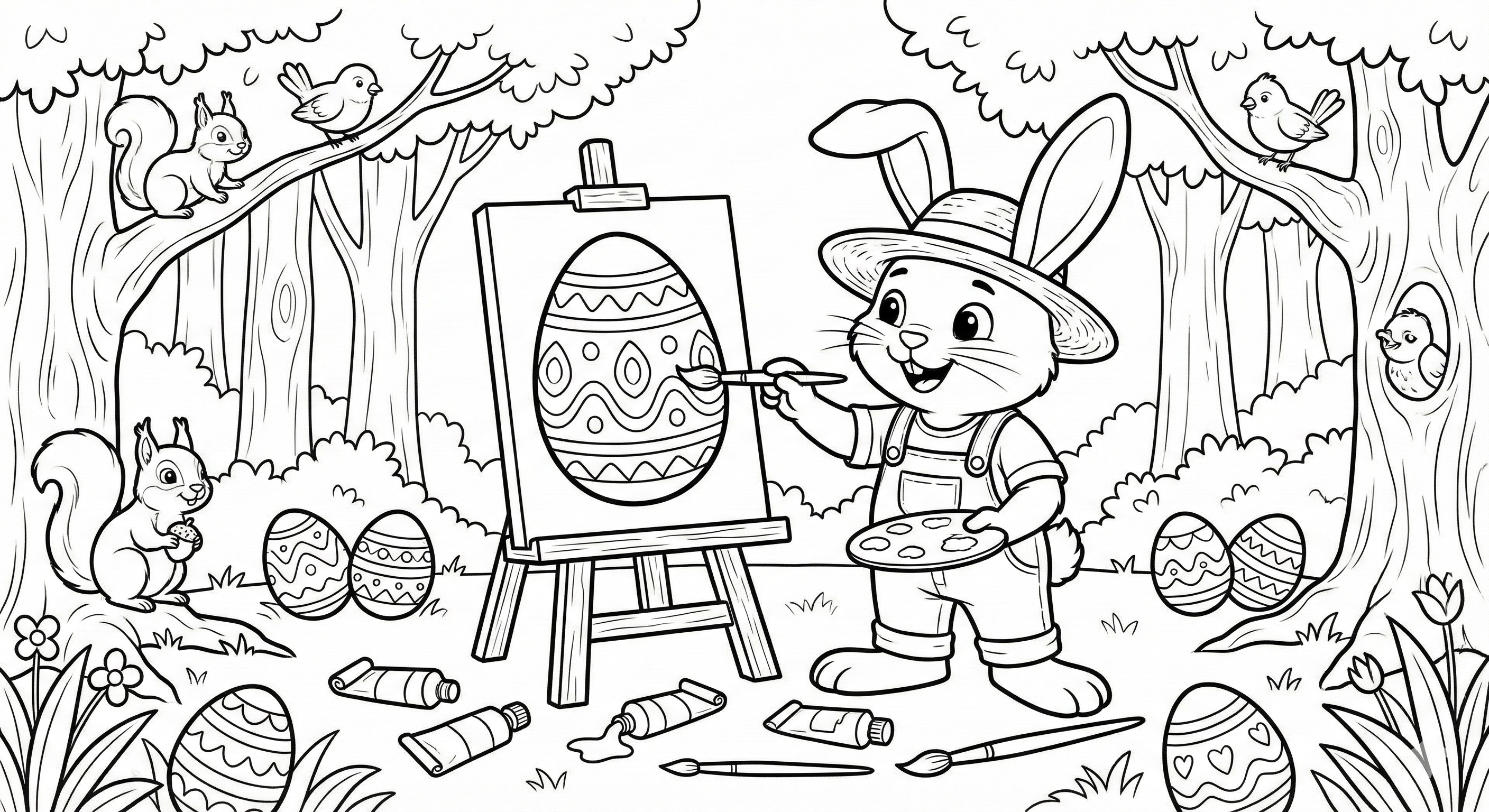 Easter Bunny Artist Painting Coloring Page