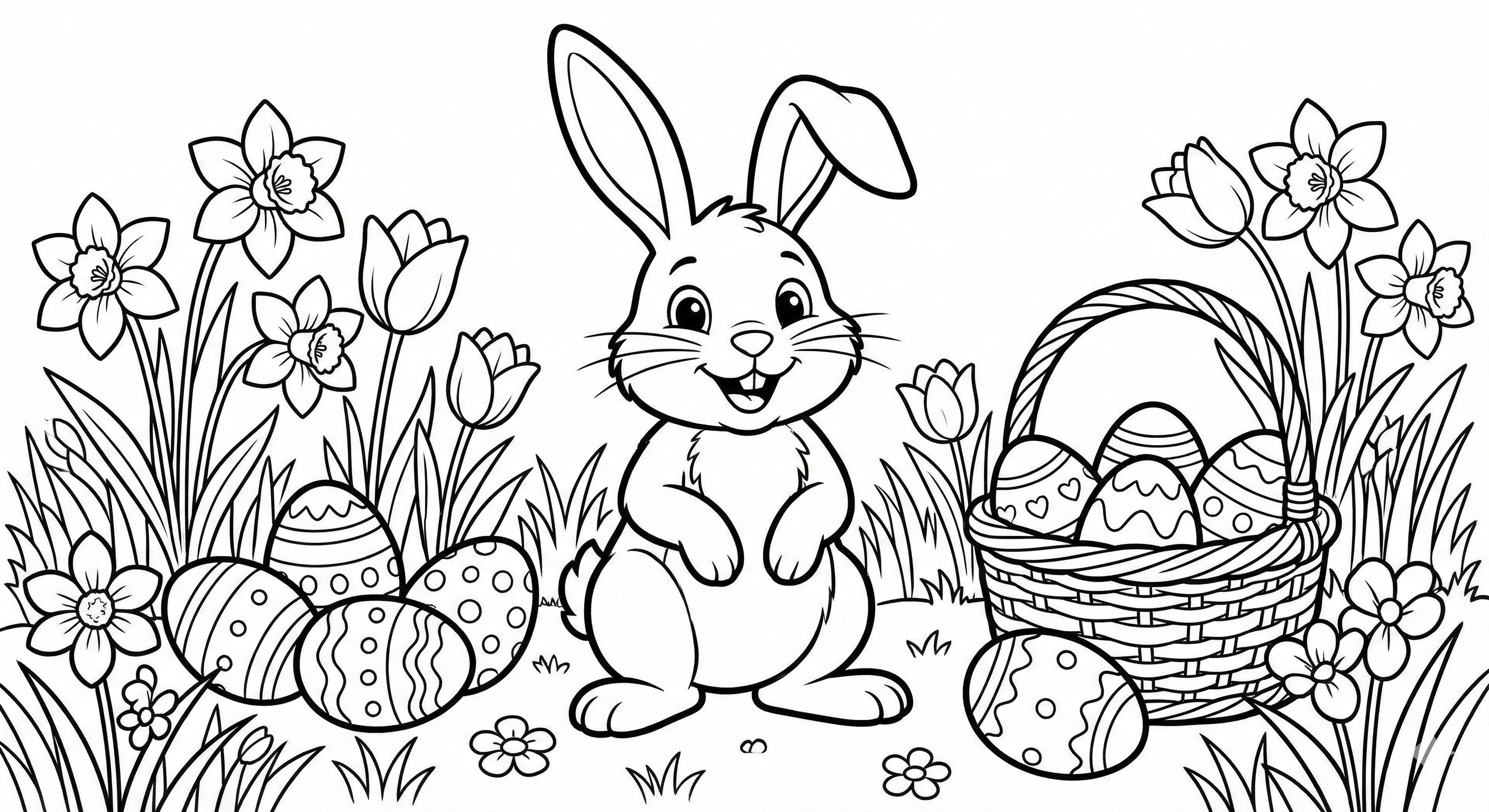 Easter Bunny and Basket Coloring Page