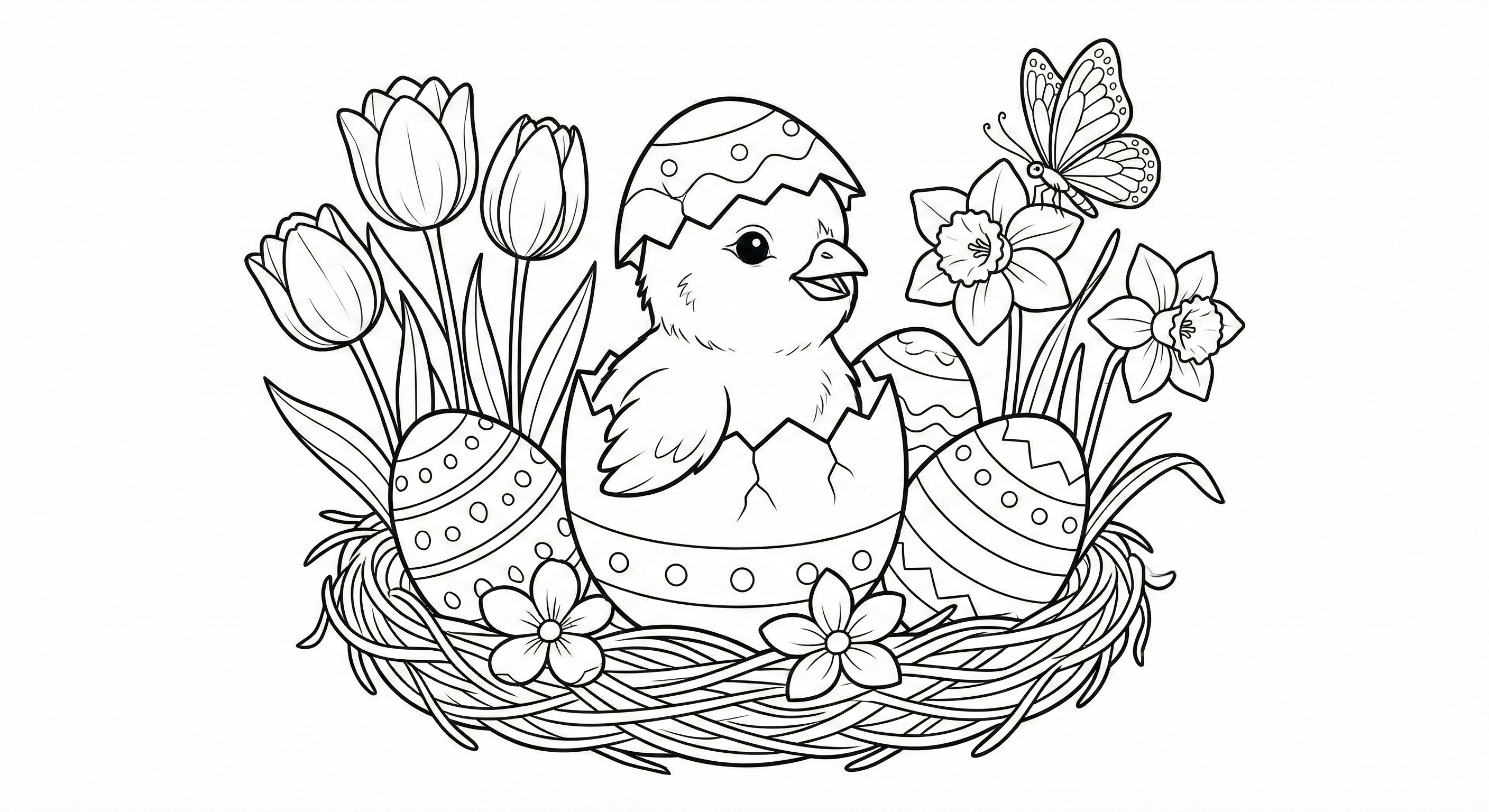 Printable Easter Chick in Nest Coloring Page with Flowers