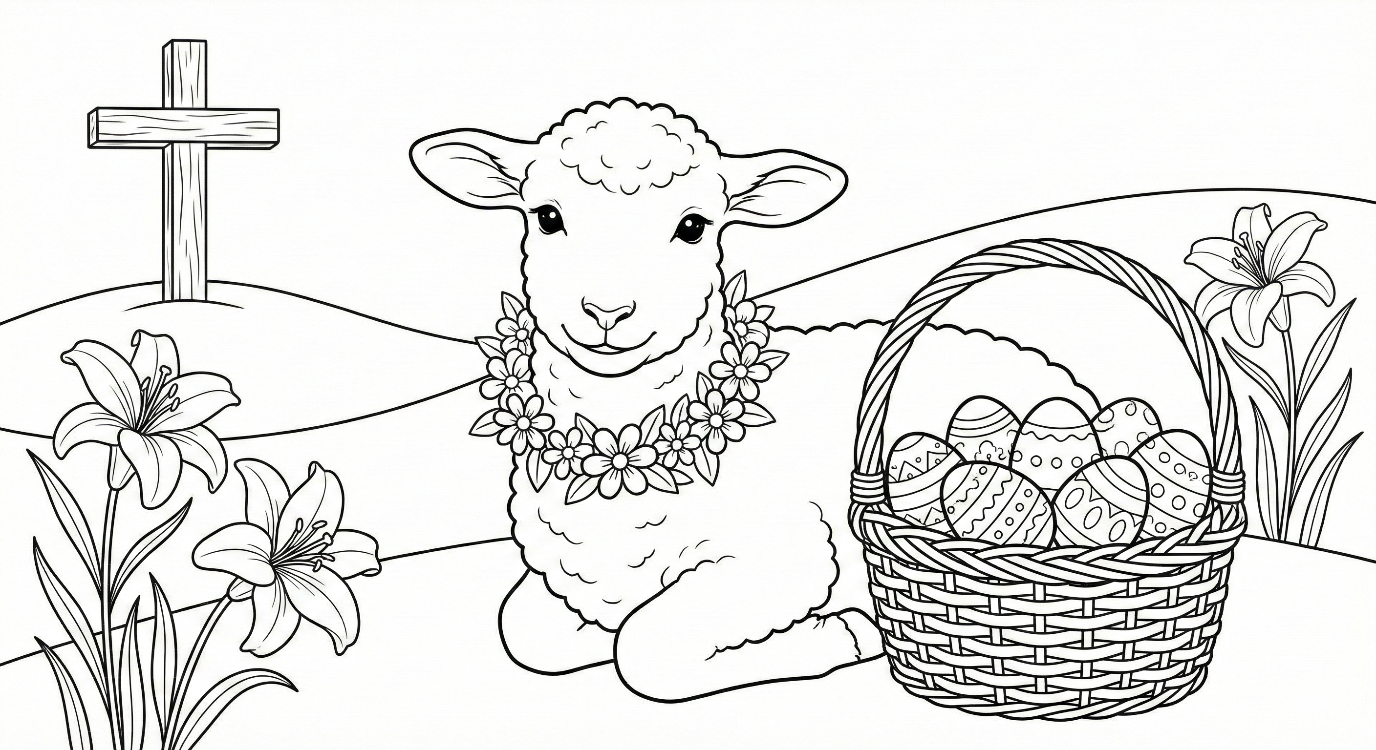 Printable Religious Easter Lamb & Cross Coloring Page