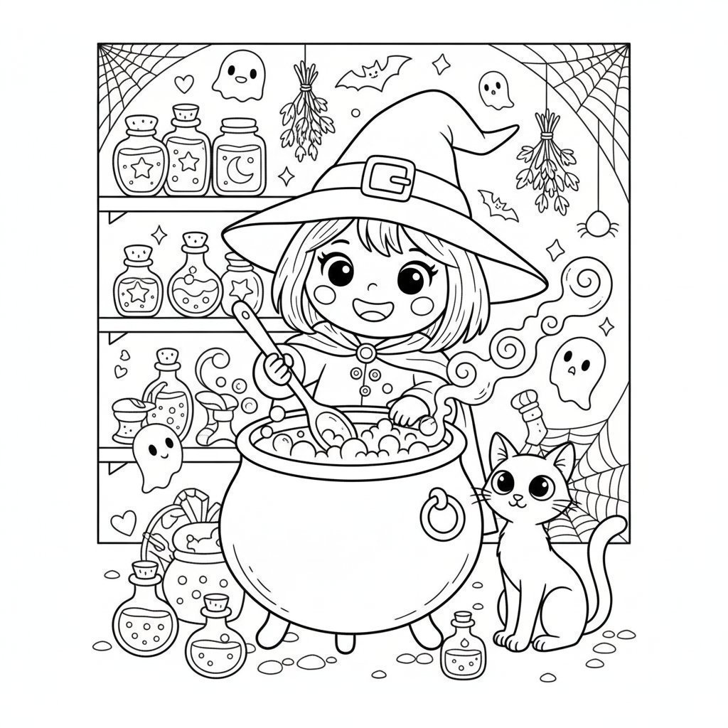 Cute Witch Brewing Potion Halloween Coloring Page