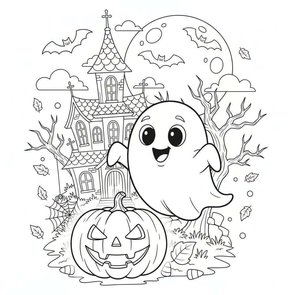 Spooky Halloween Ghost and Pumpkin Coloring Page