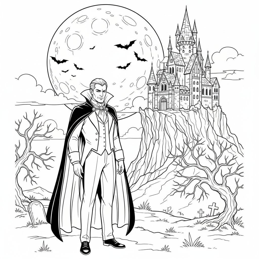 Vampire Dracula and Castle Halloween Coloring Page
