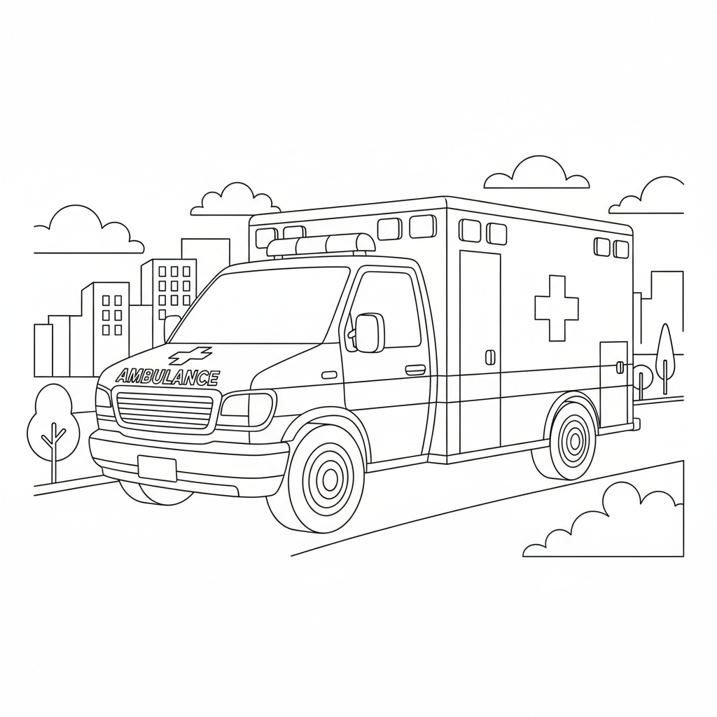 Emergency Ambulance City Coloring Page