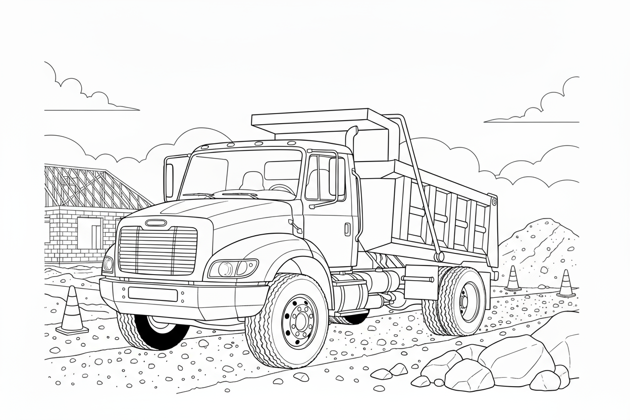 Dump Truck at Construction Site Coloring Page