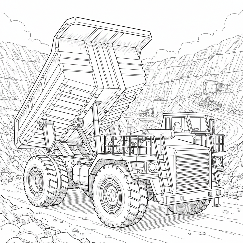 Detailed Dump Truck Realistic Coloring Page