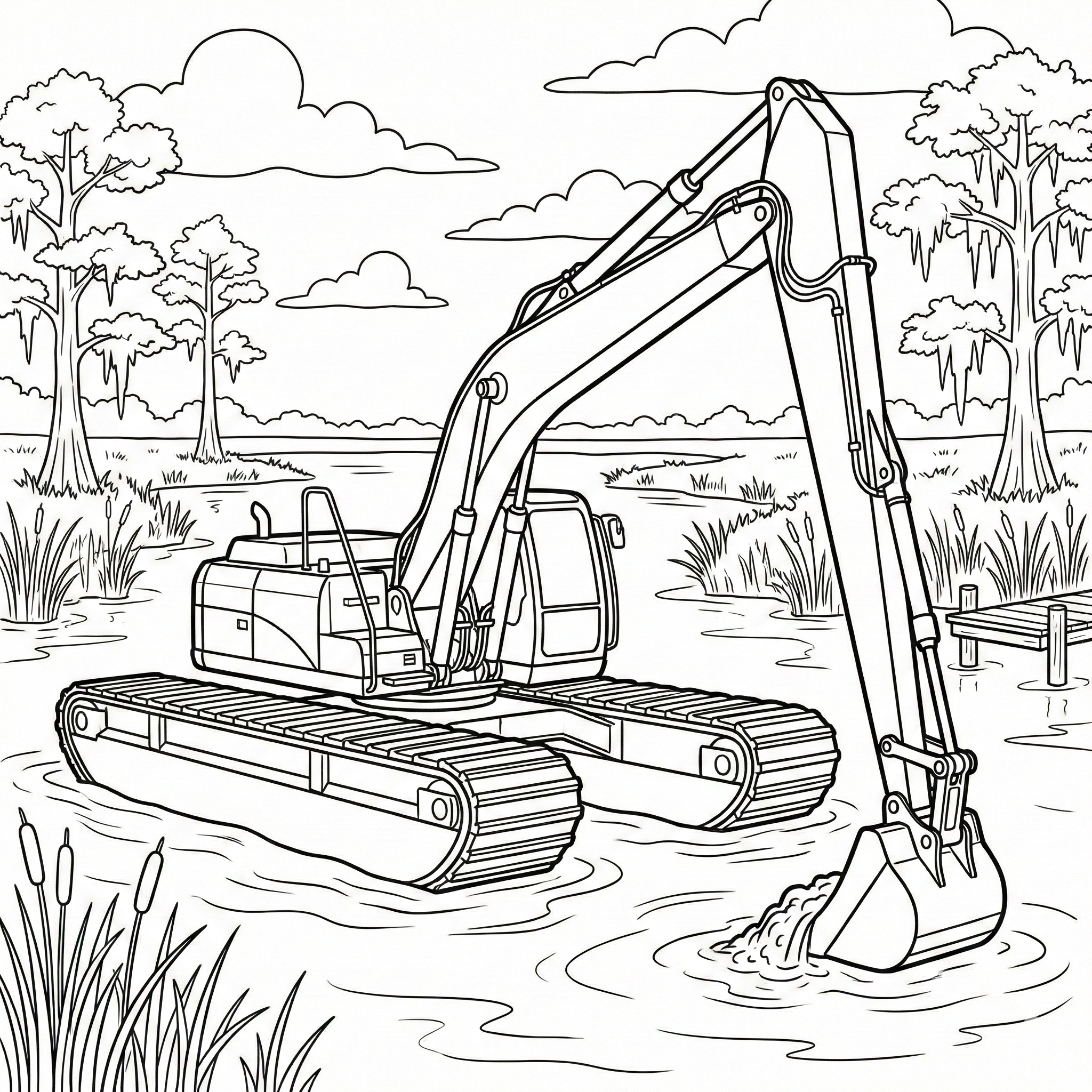 Amphibious Excavator in Swamp Coloring Page: Printable Swamp Buggy