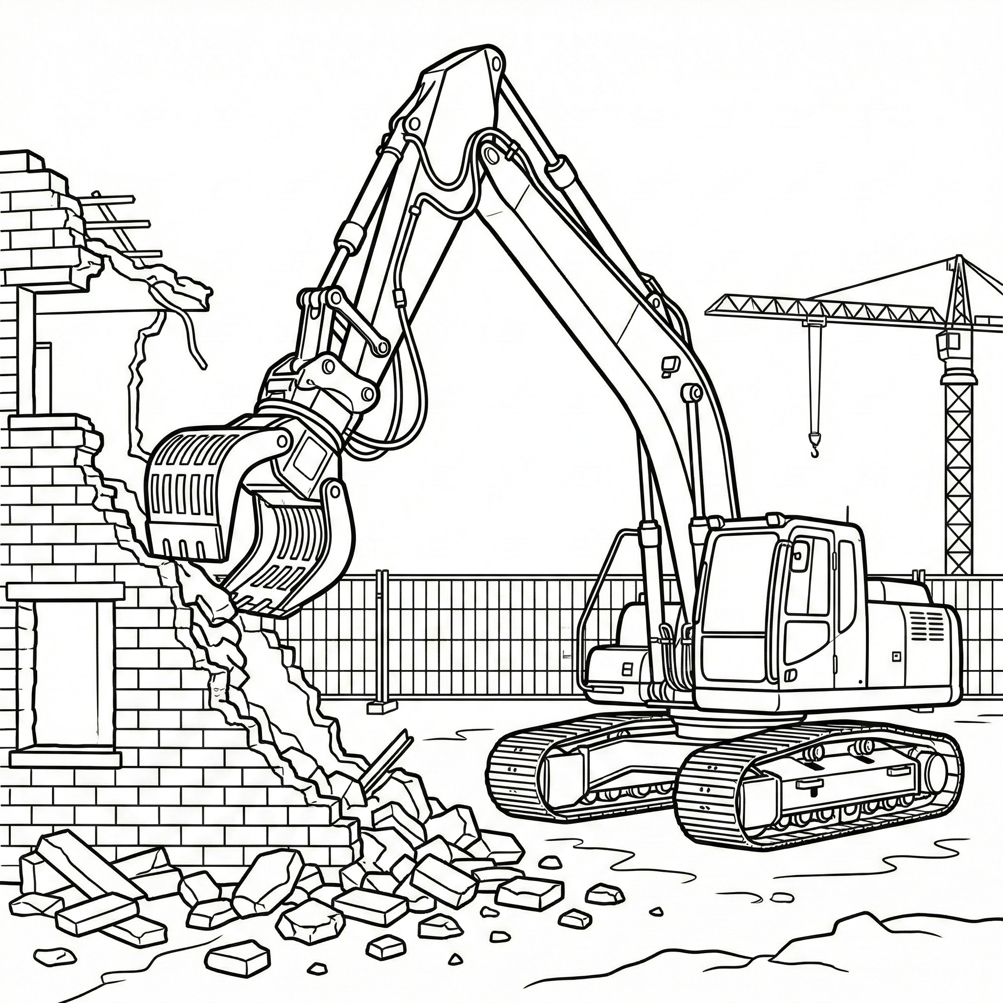 Demolition Excavator Coloring Page: Tearing Down a Wall