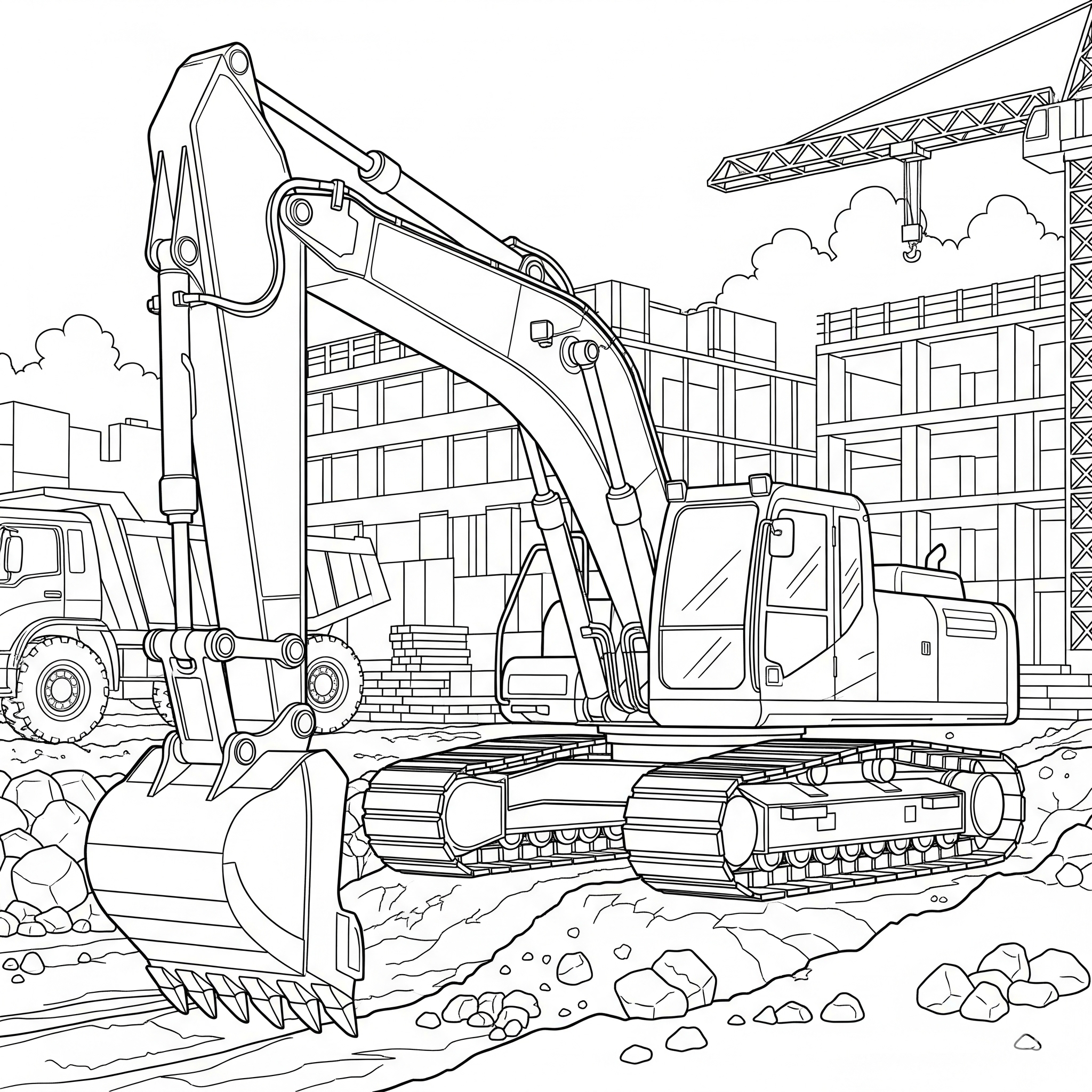 Detailed Excavator Coloring Page for Kids