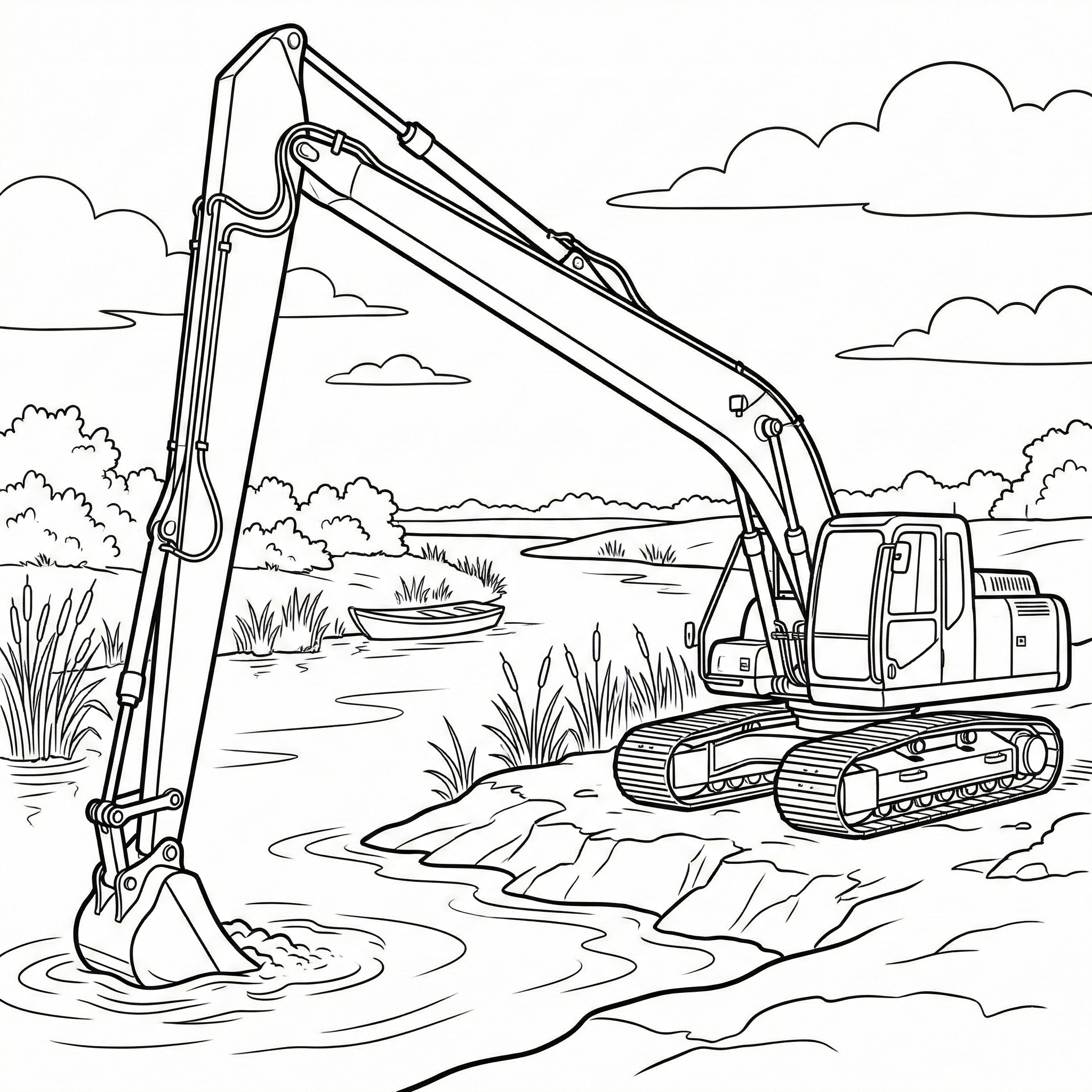 Long-Reach Excavator River Dredging Coloring Page for Kids