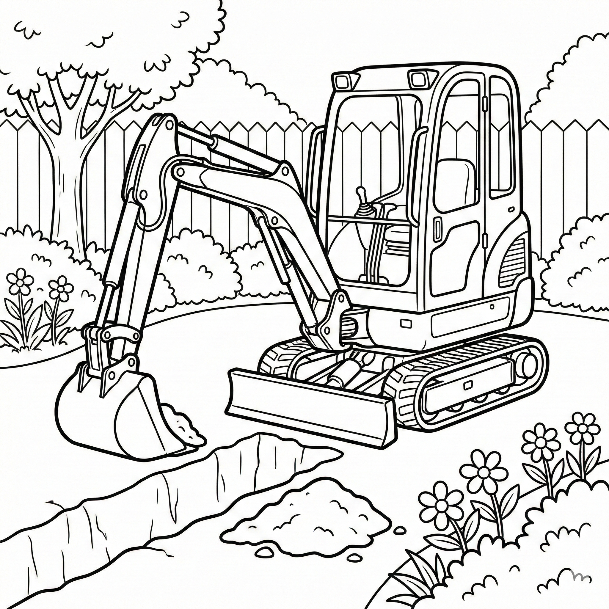 Mini Excavator Digging Trench in Garden Coloring Page