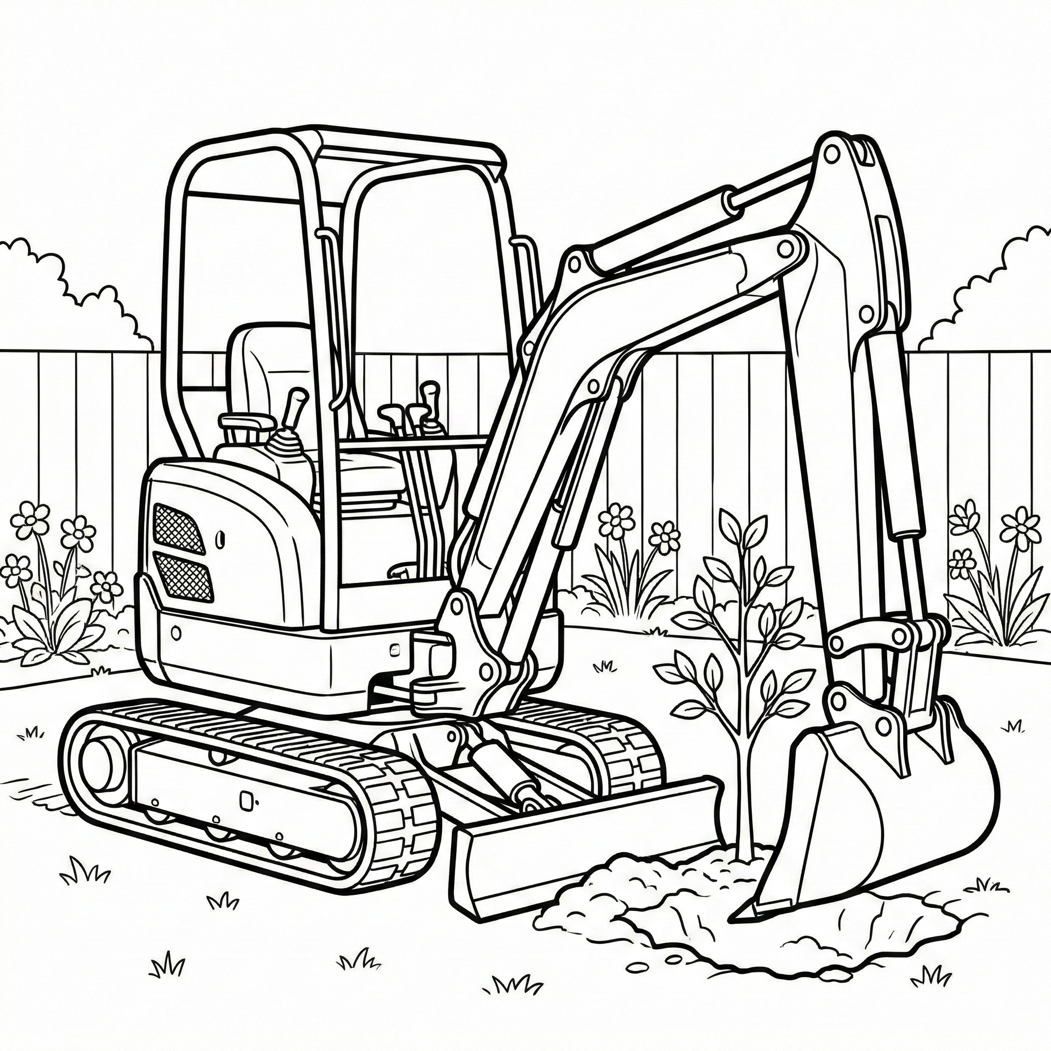 Mini Excavator Planting Tree Coloring Page for Kids