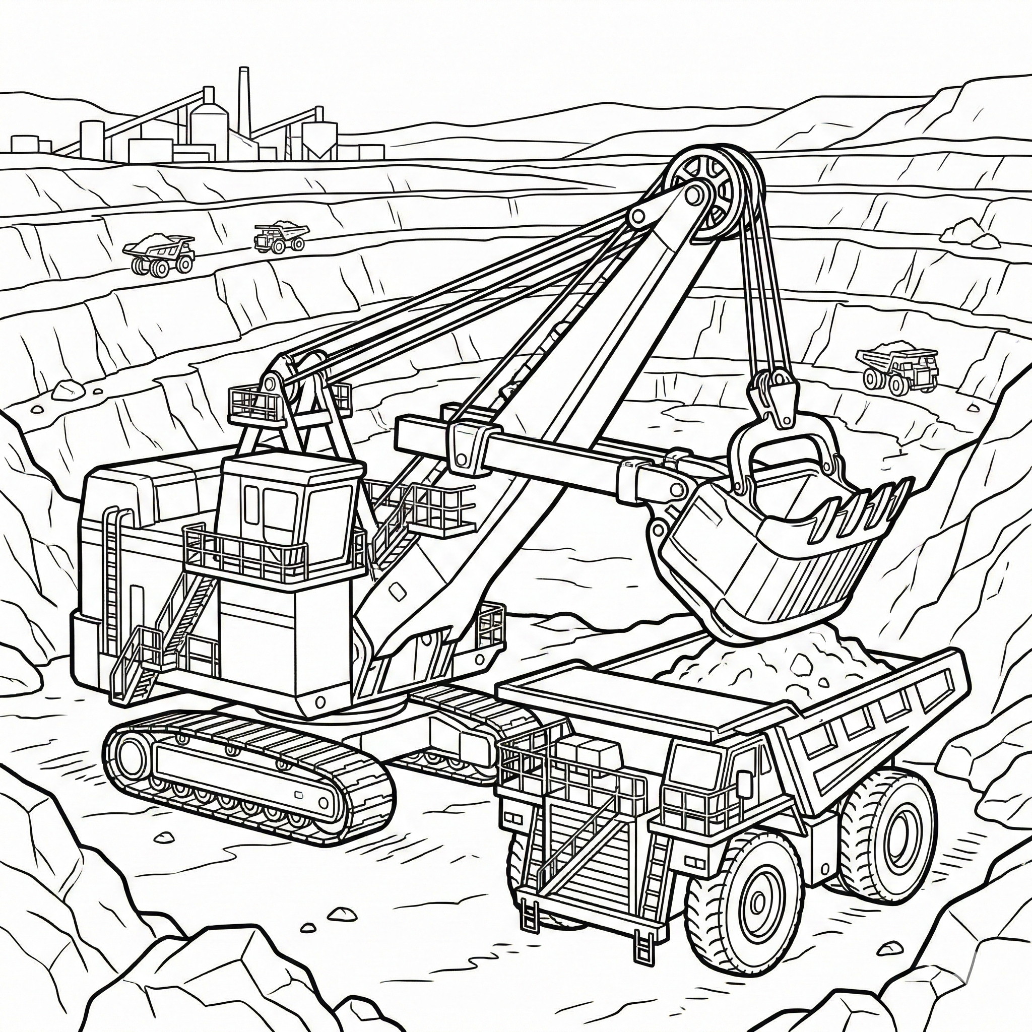Large Mining Excavator and Dump Truck Coloring Page: Open-Pit Mine Scene