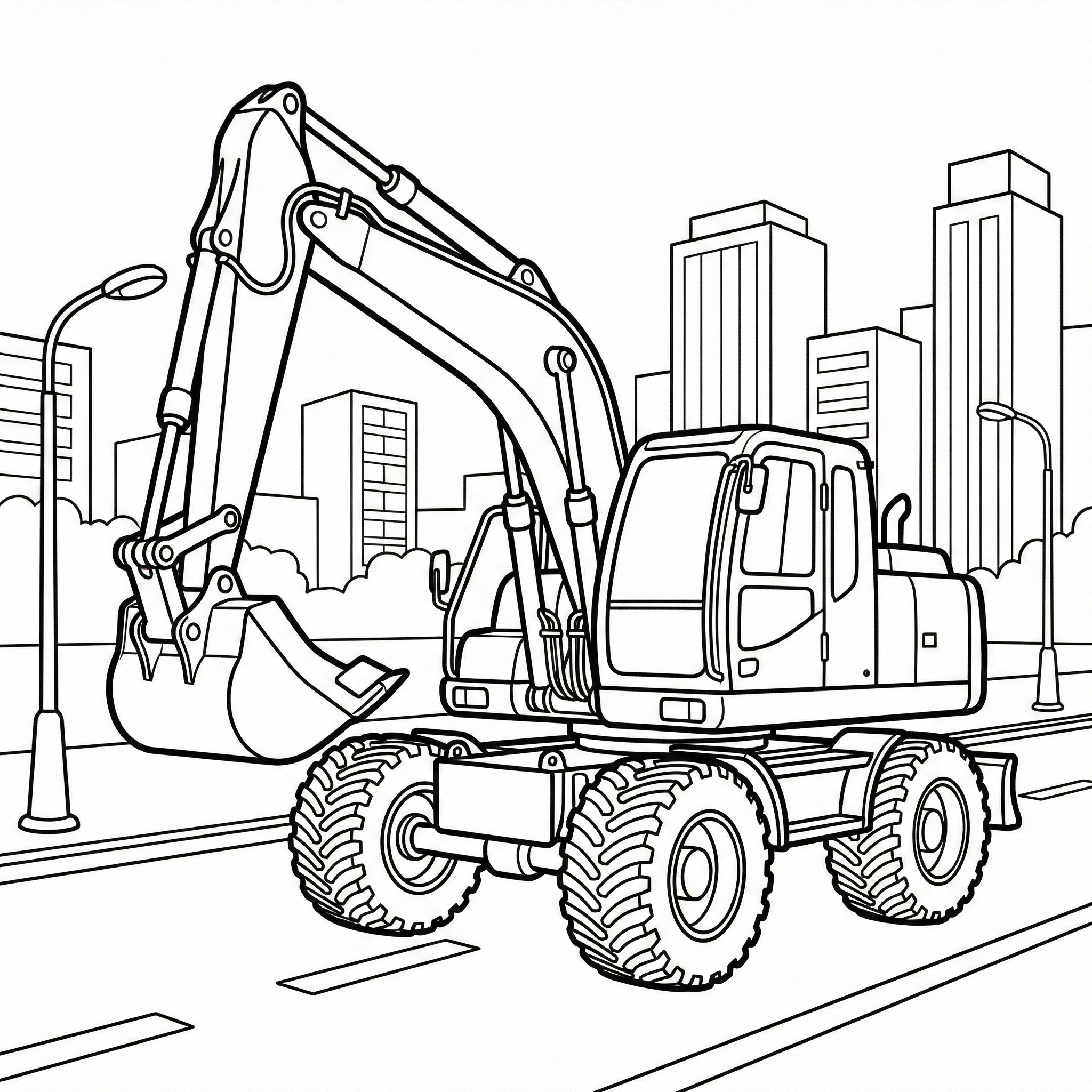 Wheeled Excavator In The City Coloring Page: Printable Vehicle