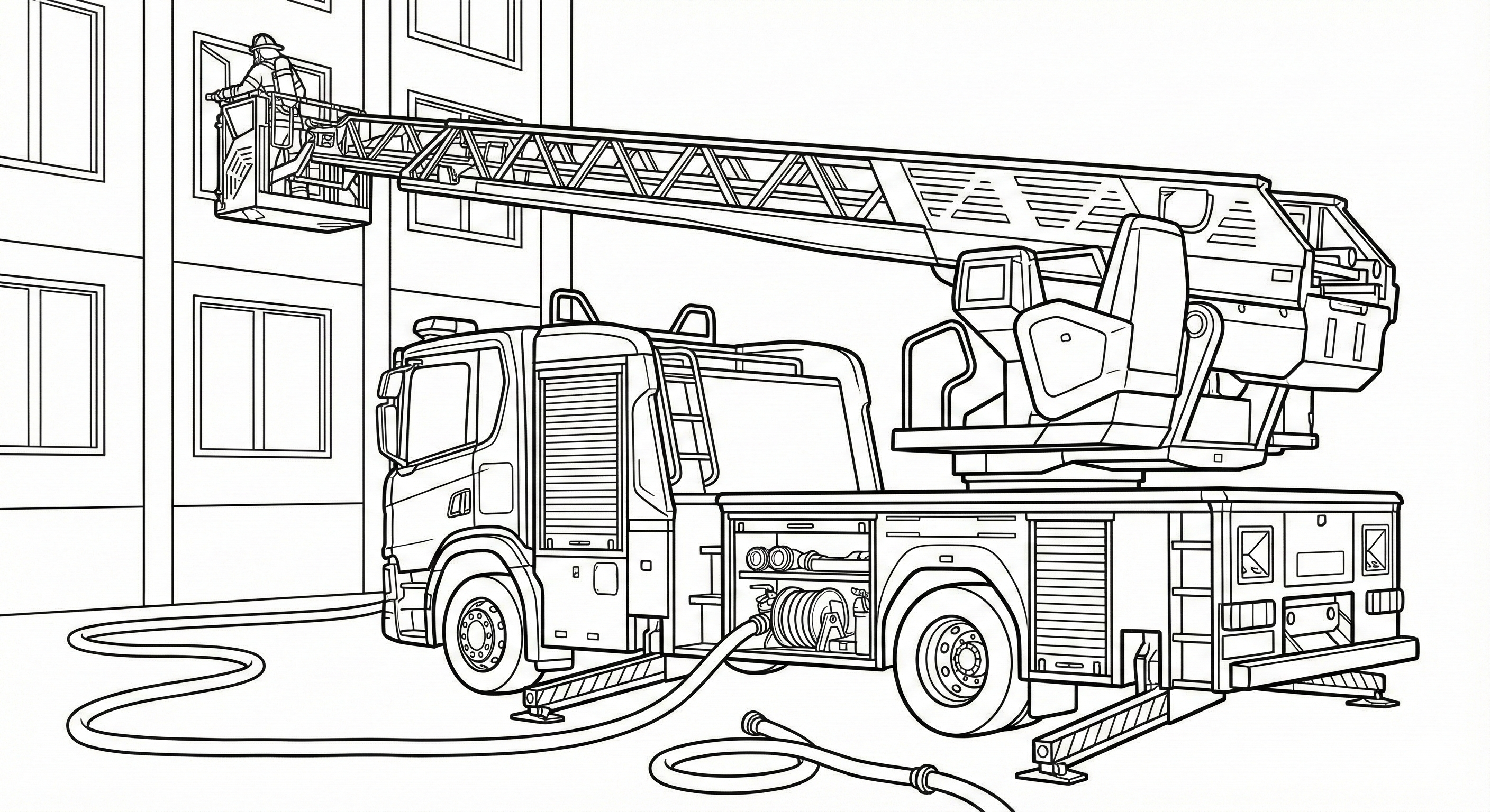 Aerial Ladder Fire Truck Rescue Scene Coloring Page