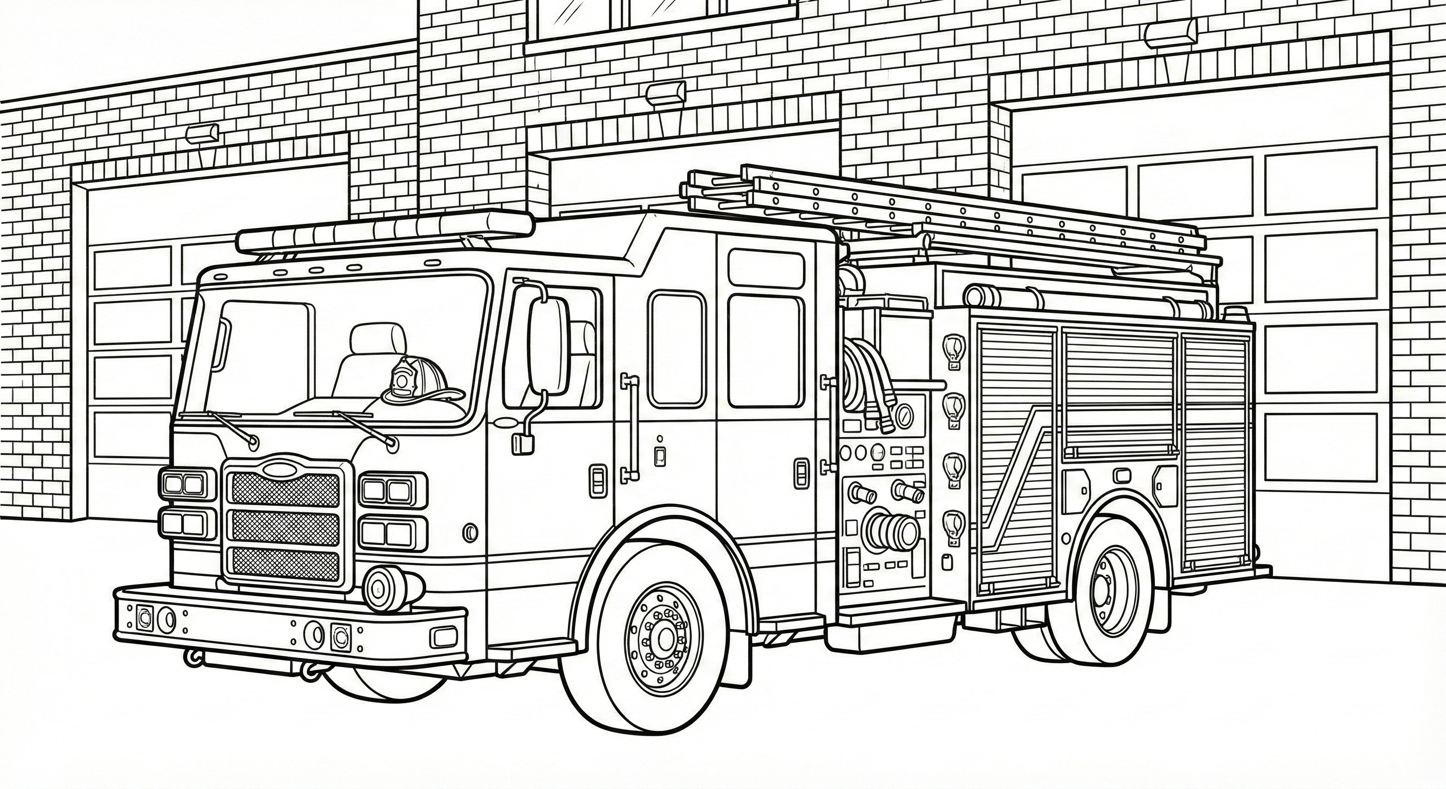 Modern Fire Engine at Fire Station Coloring Page