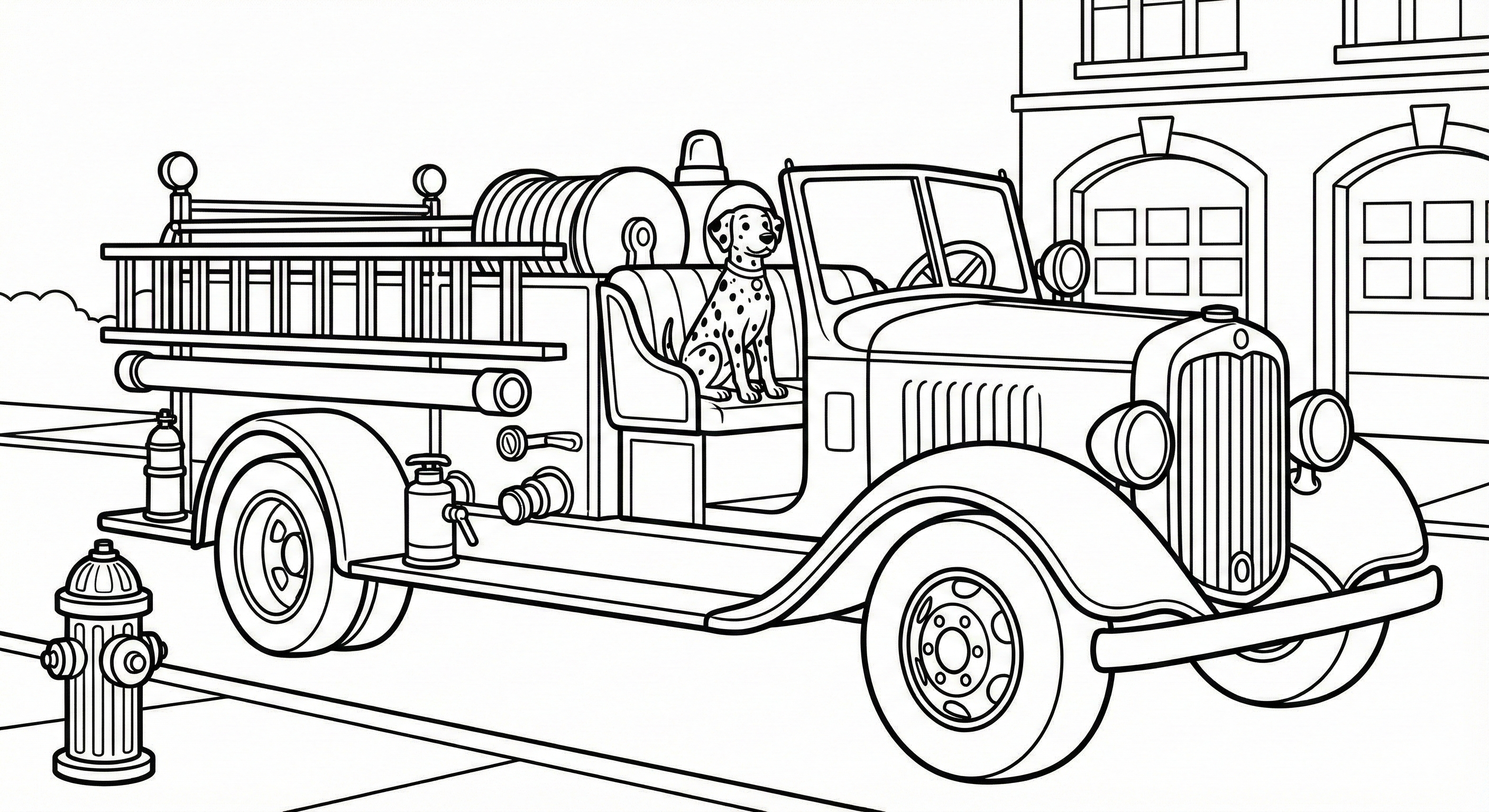 Classic Fire Truck & Dalmatian Coloring Page for Kids