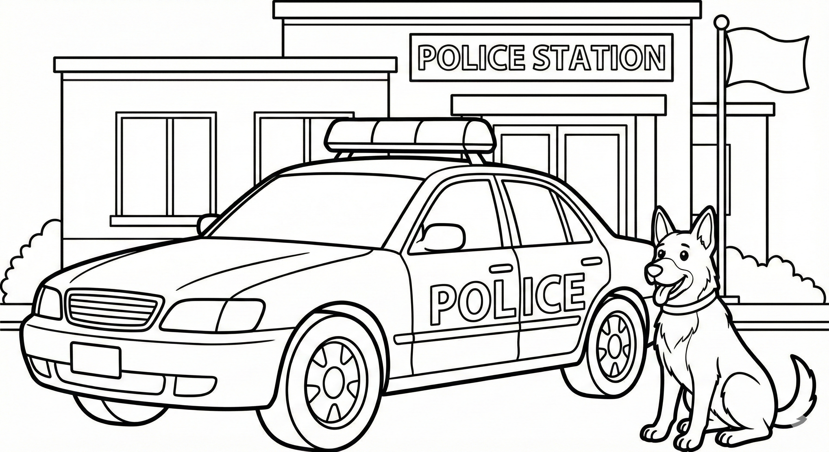 Police Car And Dog At Station Coloring Page