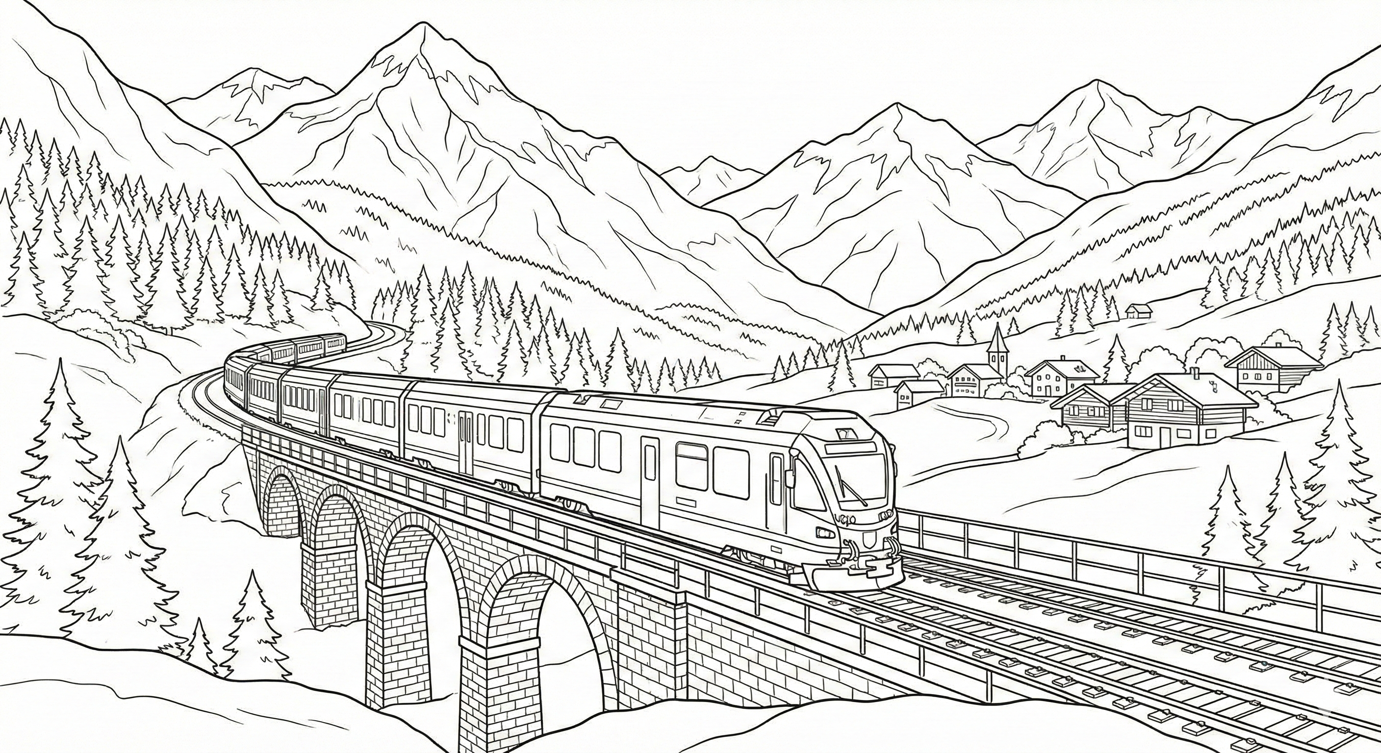 Scenic Alpine Train on Viaduct Coloring Page