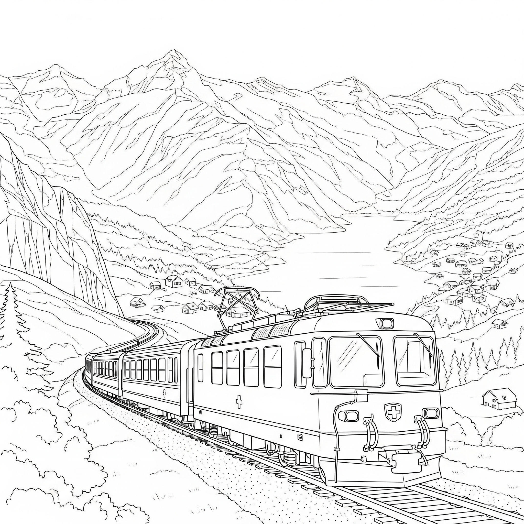 Classic Swiss Mountain Train Coloring Sheet