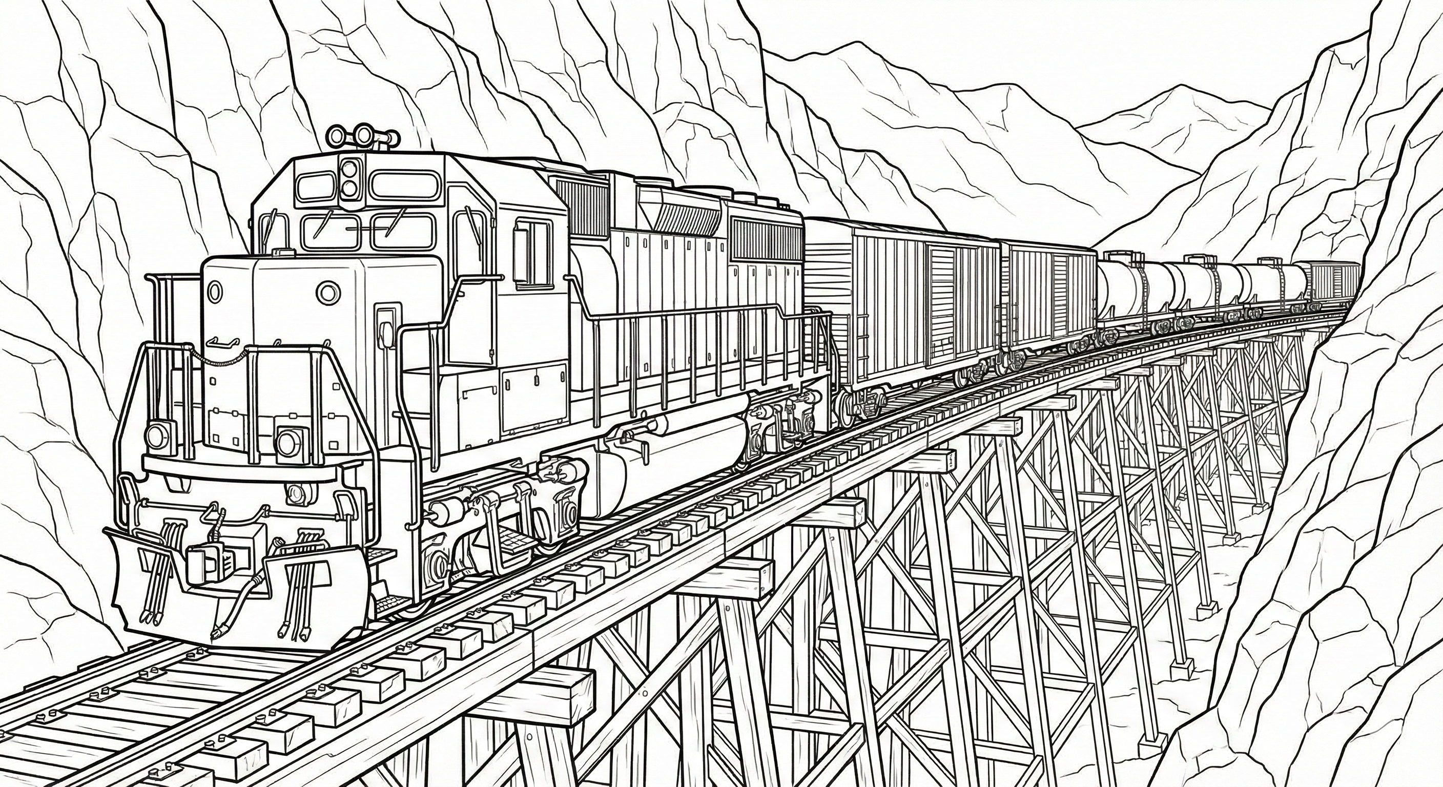 Diesel Freight Train on High Bridge Coloring Page