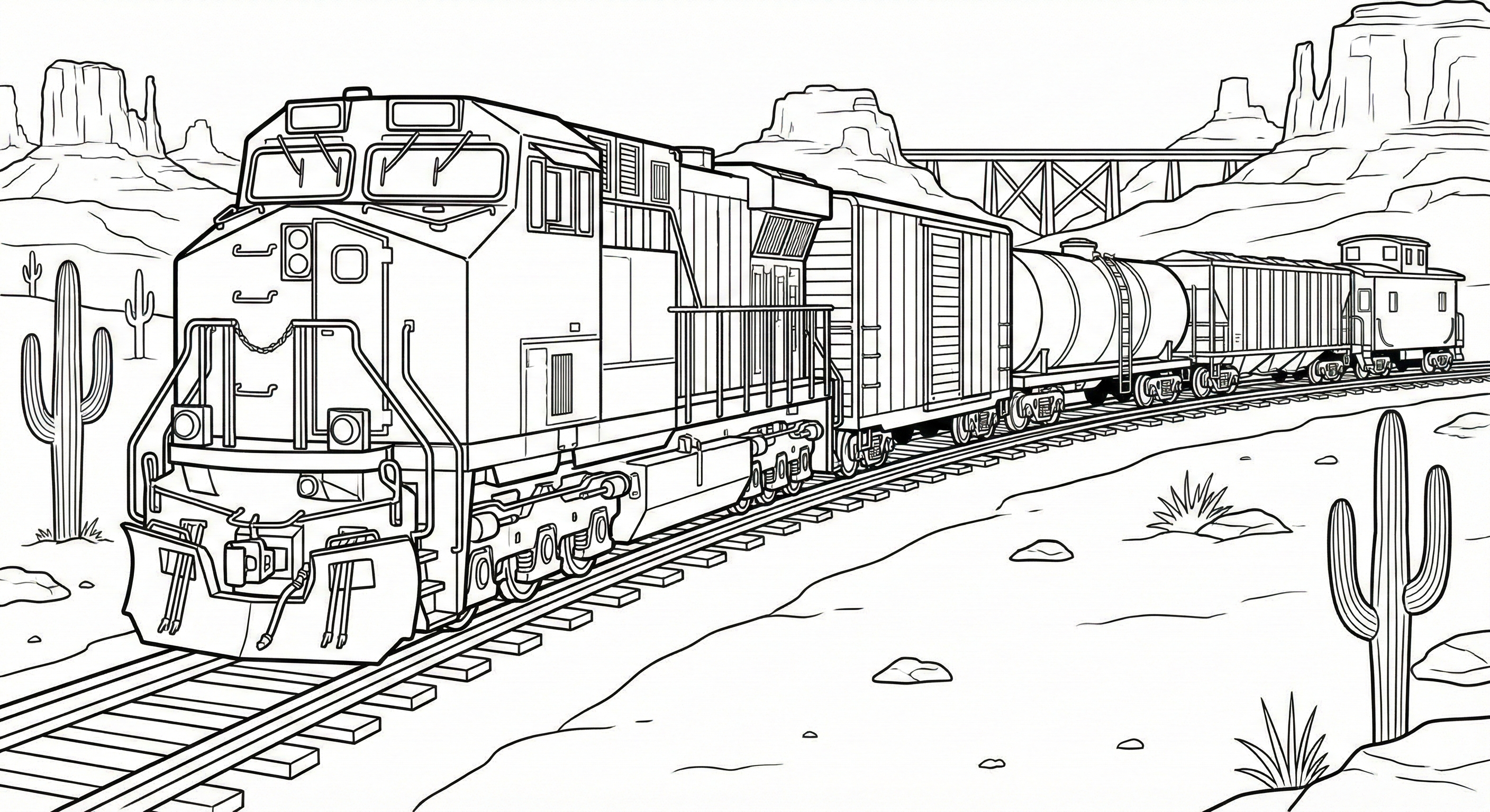 Freight Train Coloring Page in a Desert Landscape