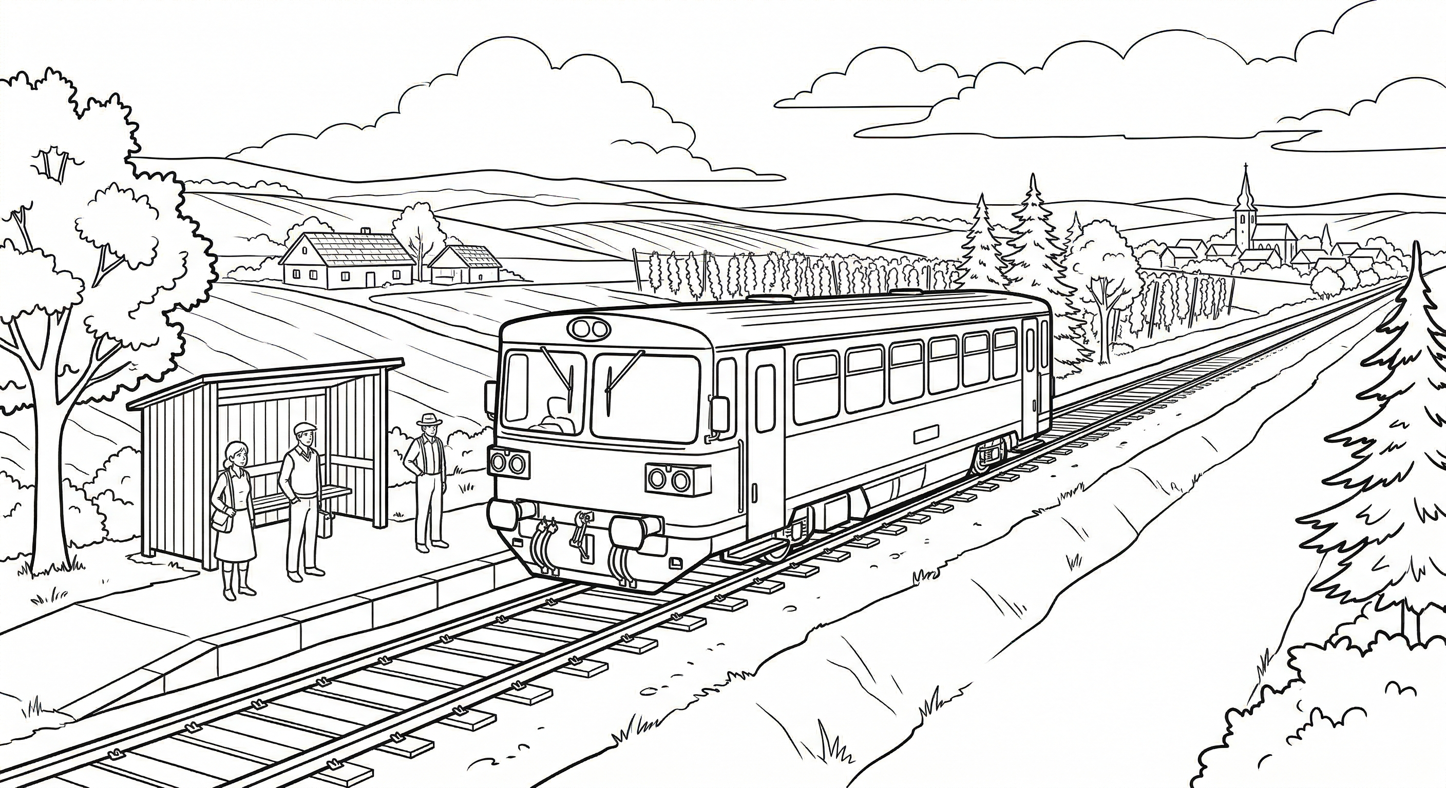 Small Motor Train in Czech Countryside Coloring Page