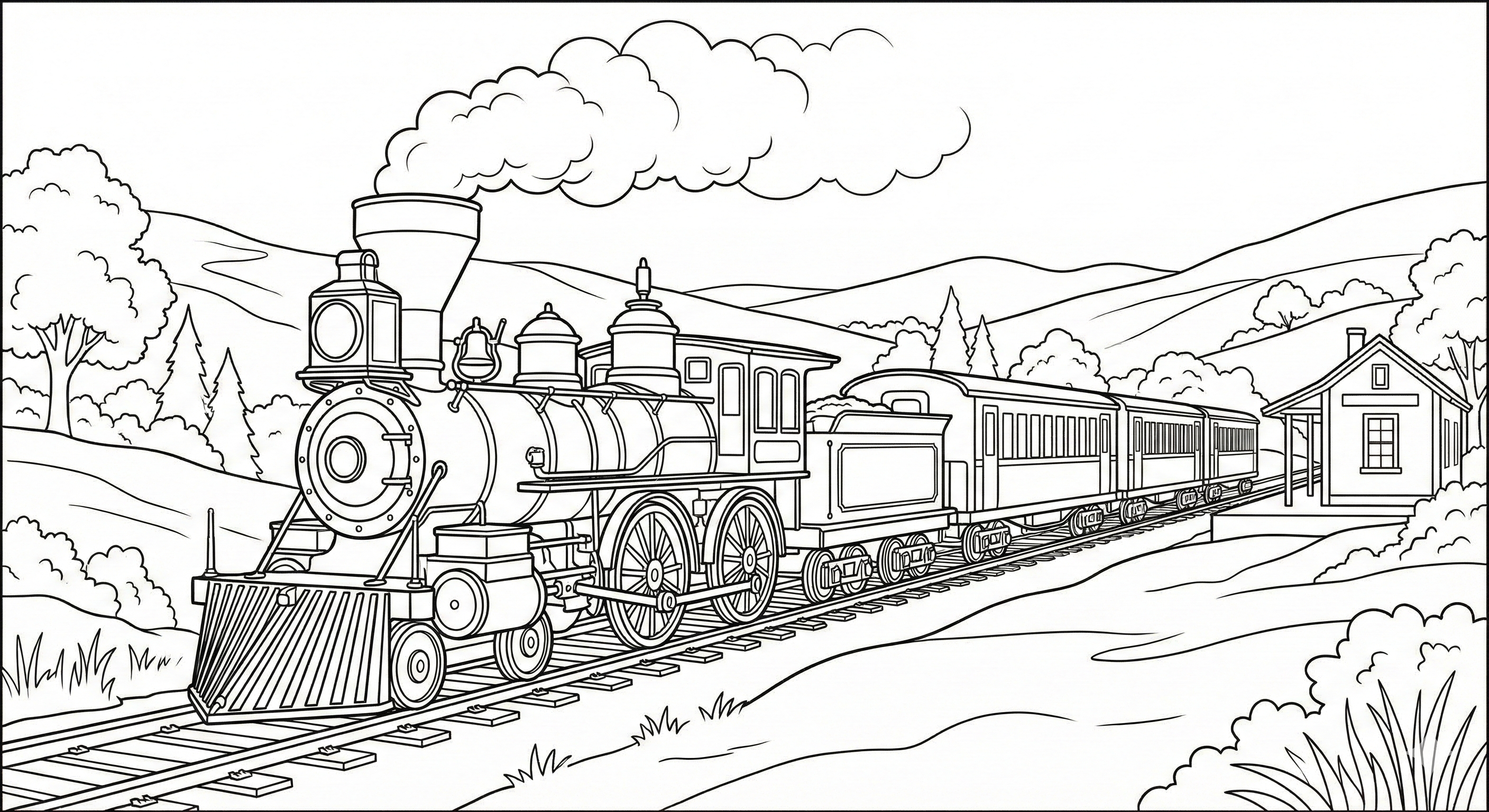 Vintage Steam Locomotive and Countryside Coloring Page