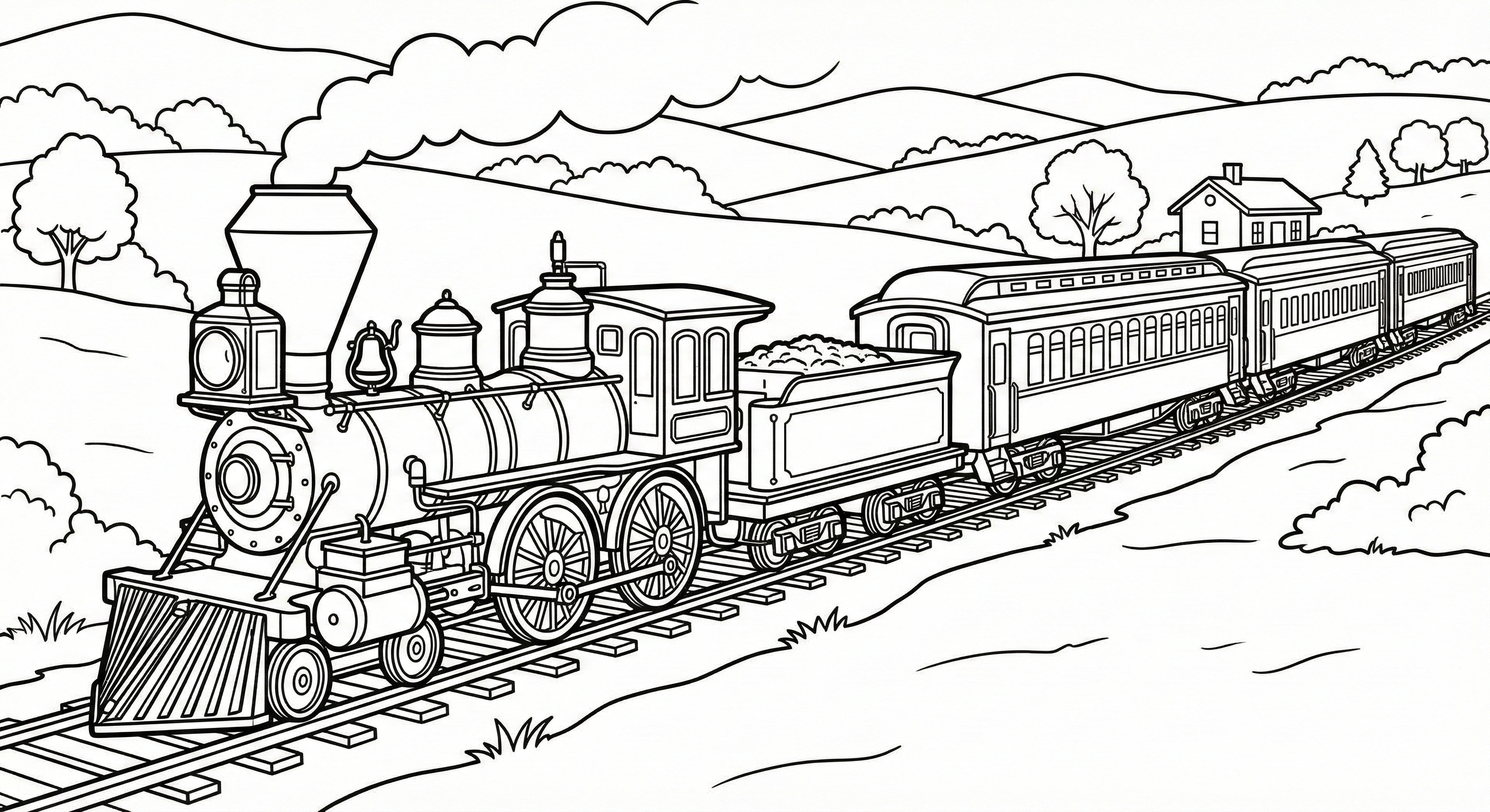 Vintage Steam Train Countryside Coloring Page